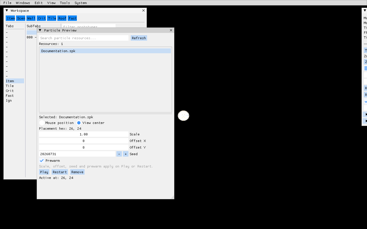FOnline Mapper at 1280 by 800 showing the Workspace and Controls windows, the Particle Preview panel with Documentation.spk selected, deterministic seed and prewarm controls, and the live radiation particle centered on TutorialMap.