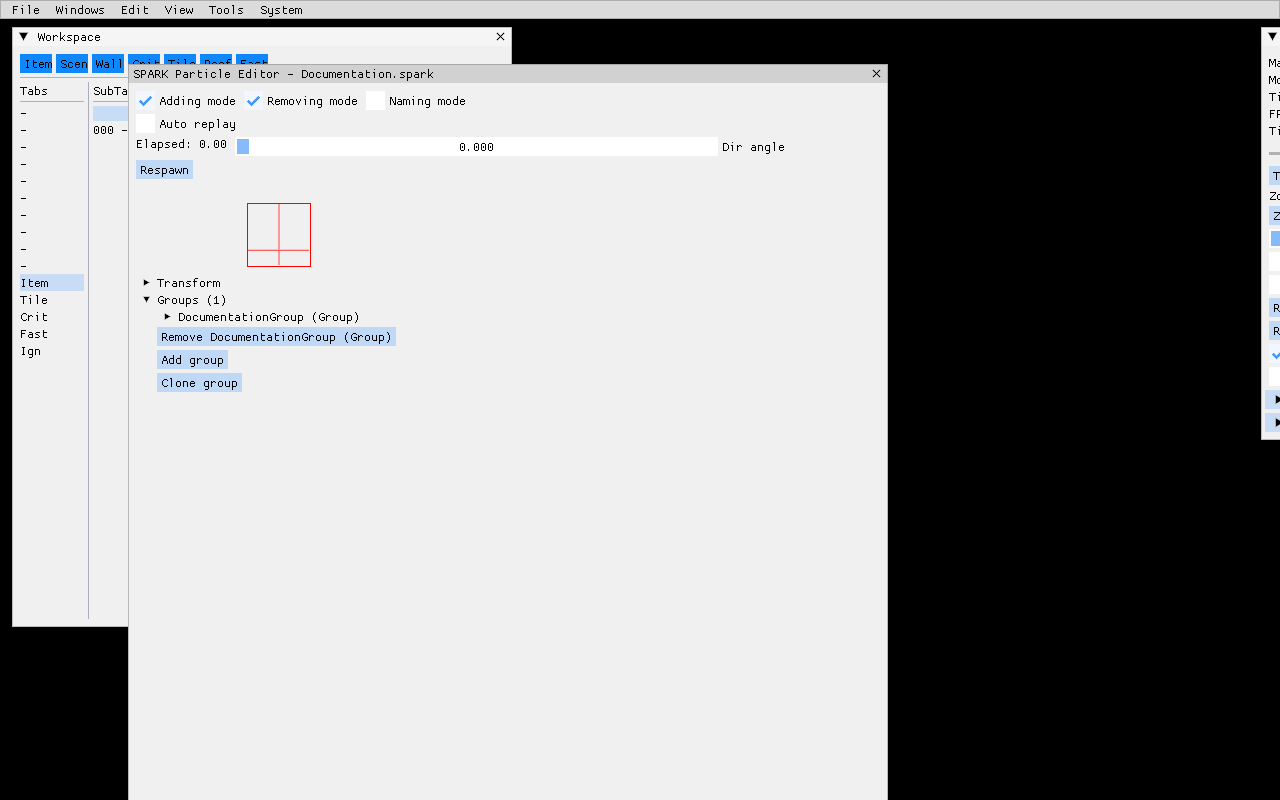 FOnline SPARK Particle Editor at 1280 by 800 showing Documentation.spark, Adding and Removing modes, Auto replay and direction controls, a live 200-pixel preview, and the expandable Groups hierarchy with DocumentationGroup.